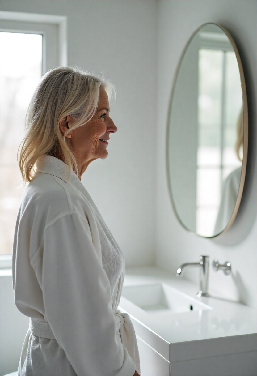 woman looking in mirror